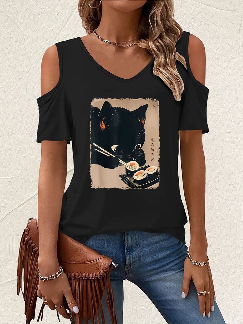 Summer Clothing Drop - 일본 스타일 고양이 라면 먹는 모습