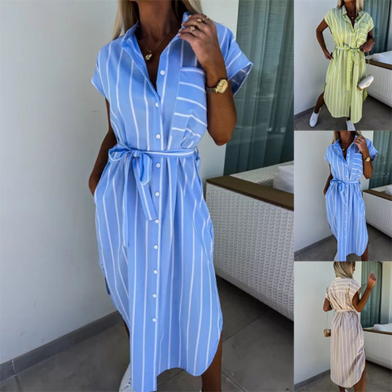 Summer Clothing Looks - 여성용 반소매 스트라이프 셔츠 드레스 버튼