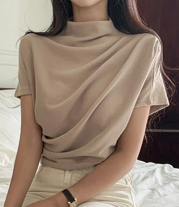 Summer Clothing Drop - 여성용 하프 터틀넥 티셔츠, 민소매 폴드