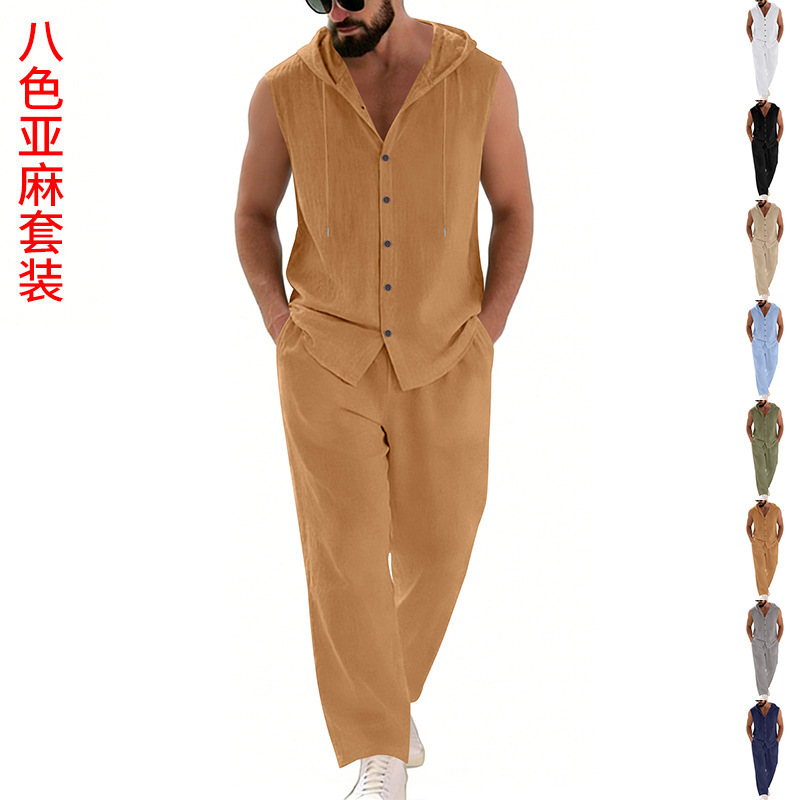 Summer Clothing - 남성 캐주얼 린넨 수트 후드 스웨터
