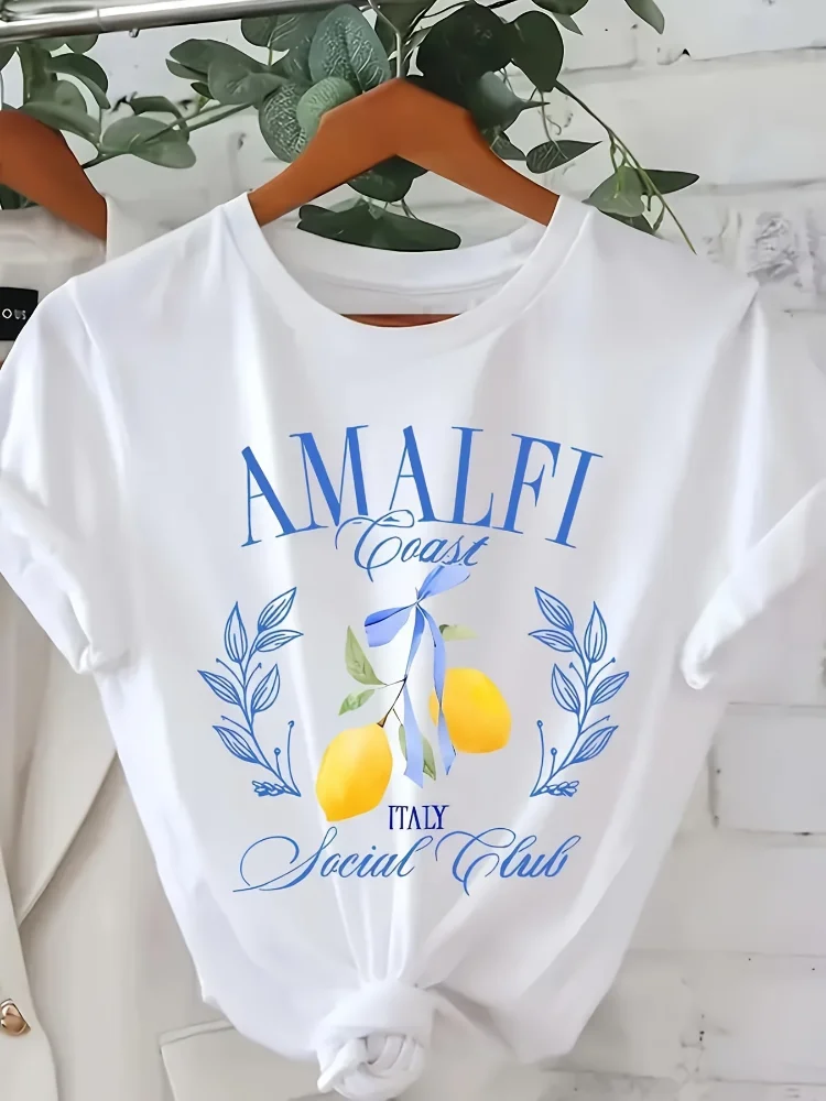 Summer Clothing Aesthetic - 레몬 프린트 티셔츠 반팔 크루넥 캐주얼