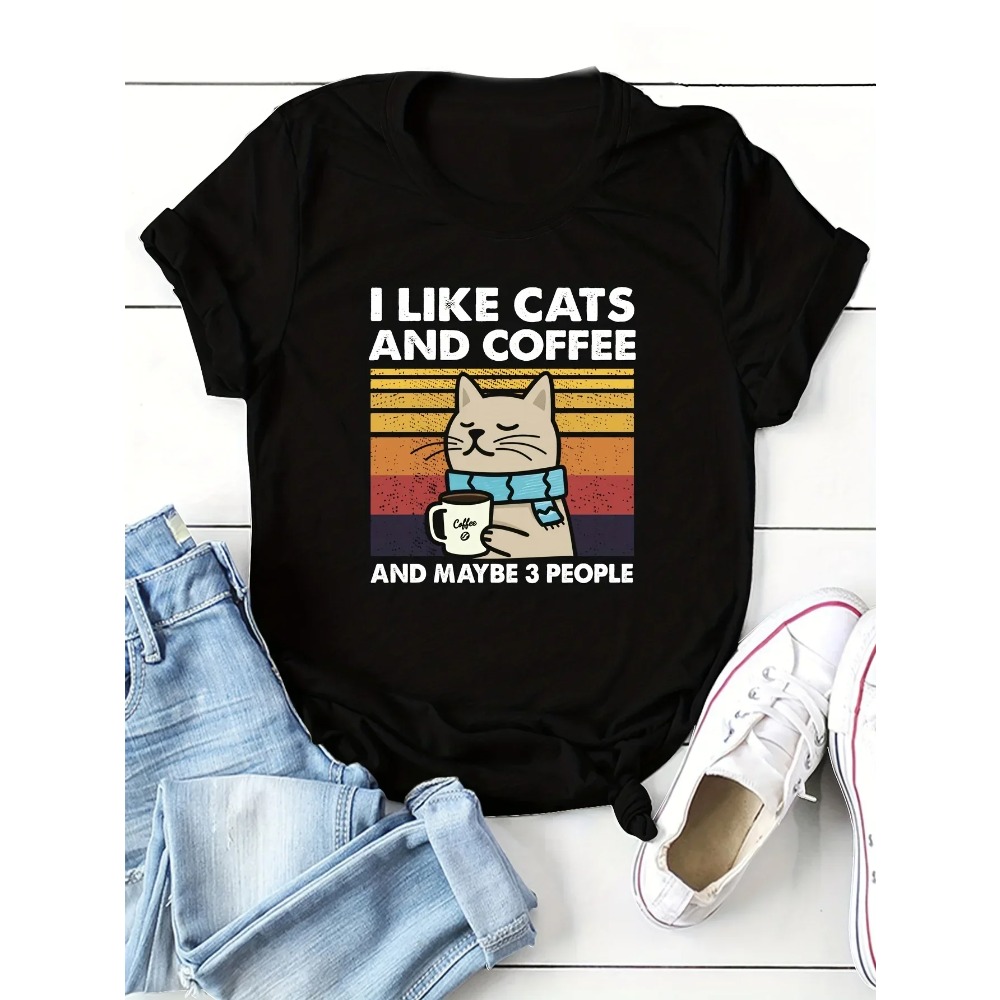 Summer Clothing Aesthetic - 넥 반팔 여성 의류 고양이 커피