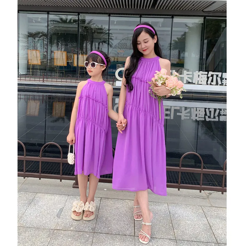 Summer Clothing Looks - 휴가 룩 엄마와 딸 보라색 원피스