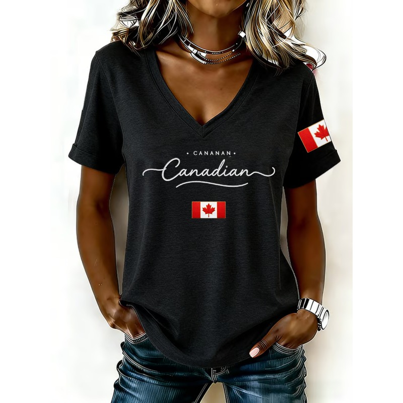 캐나다 국기 인쇄 여성 티셔츠 패션 v 넥 반팔 티셔츠 - Summer Clothing Women Canada 리뷰 및 가격