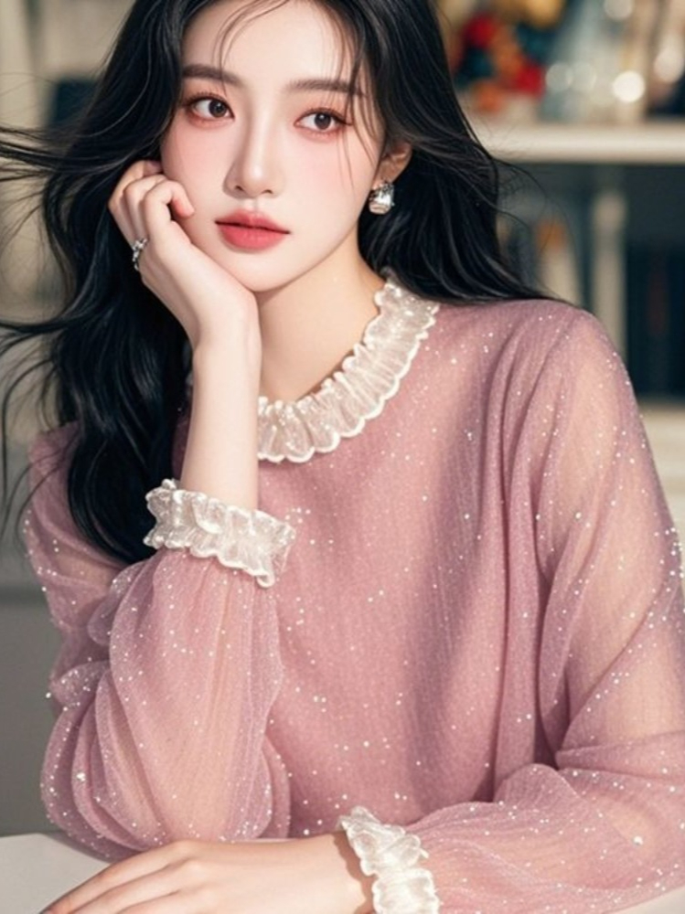 프랑스풍 스윗 블라우스 러플 패치워크 스탠드 넥 긴팔  - Summer Clothing In French 리뷰 및 가격