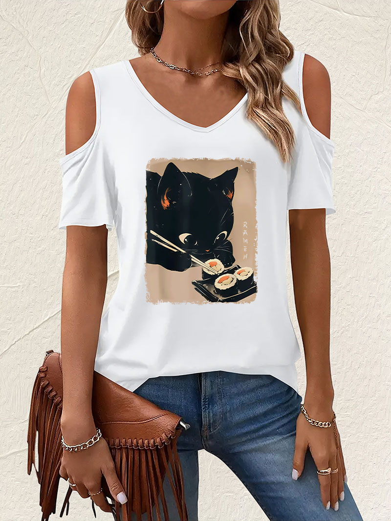 일본 스타일 고양이 라면 먹는 모습 V넥 티셔츠 반팔  - Summer Clothing Drop 리뷰 및 가격