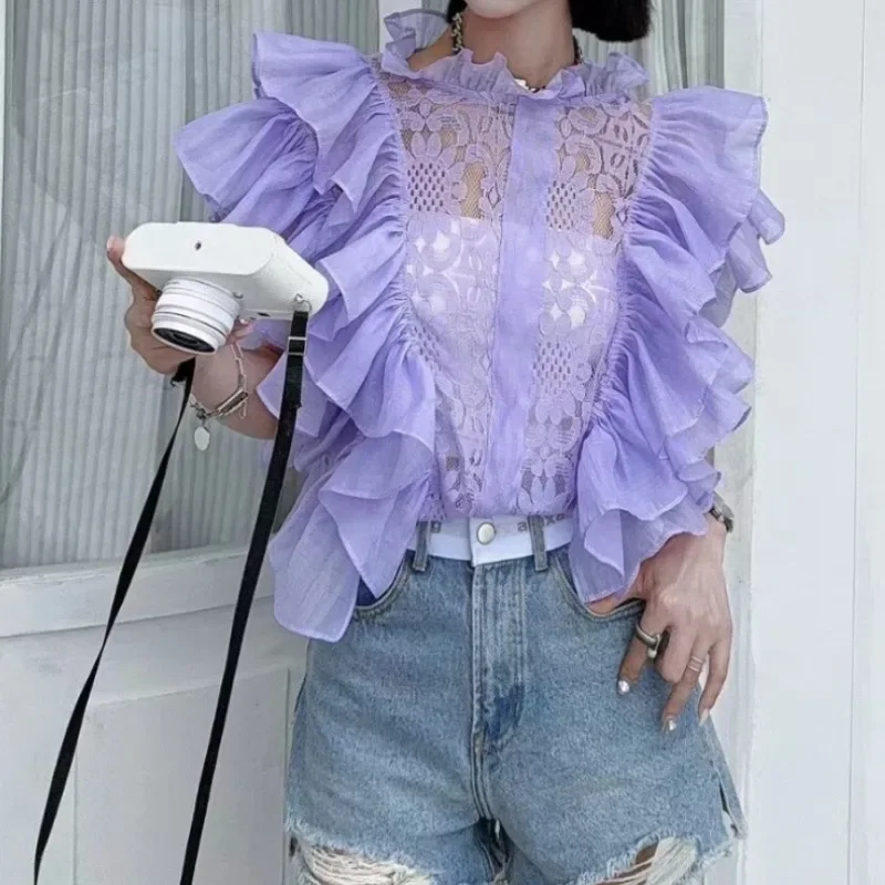 빈티지 엘레강스 레이스 페탈 슬리브 블라우스 프렌치 홀 - Summer Clothing In French 리뷰 및 가격