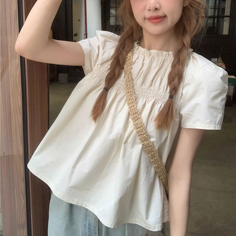 Shirring 솔리드 컬러 셔츠 여성 의류 달콤한 반 - Summer Clothing In French 리뷰 및 가격