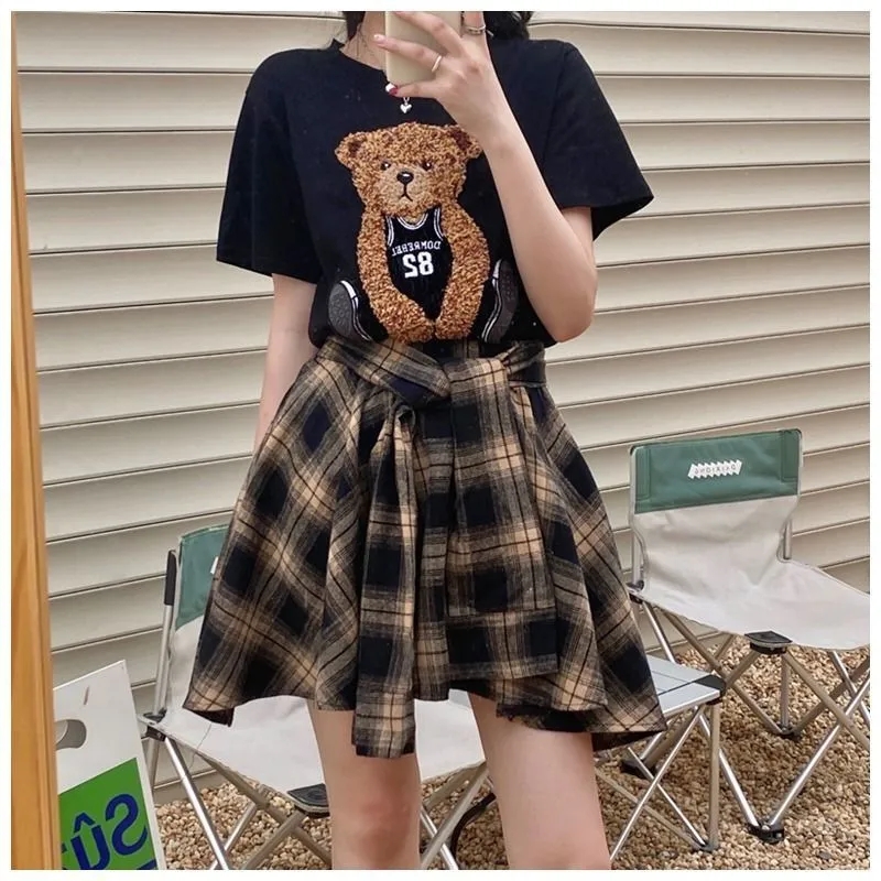 여성용 여름 스커트 및 탑 세트, 곰 만화 블랙 반팔  - Summer Clothing Aesthetic 리뷰 및 가격