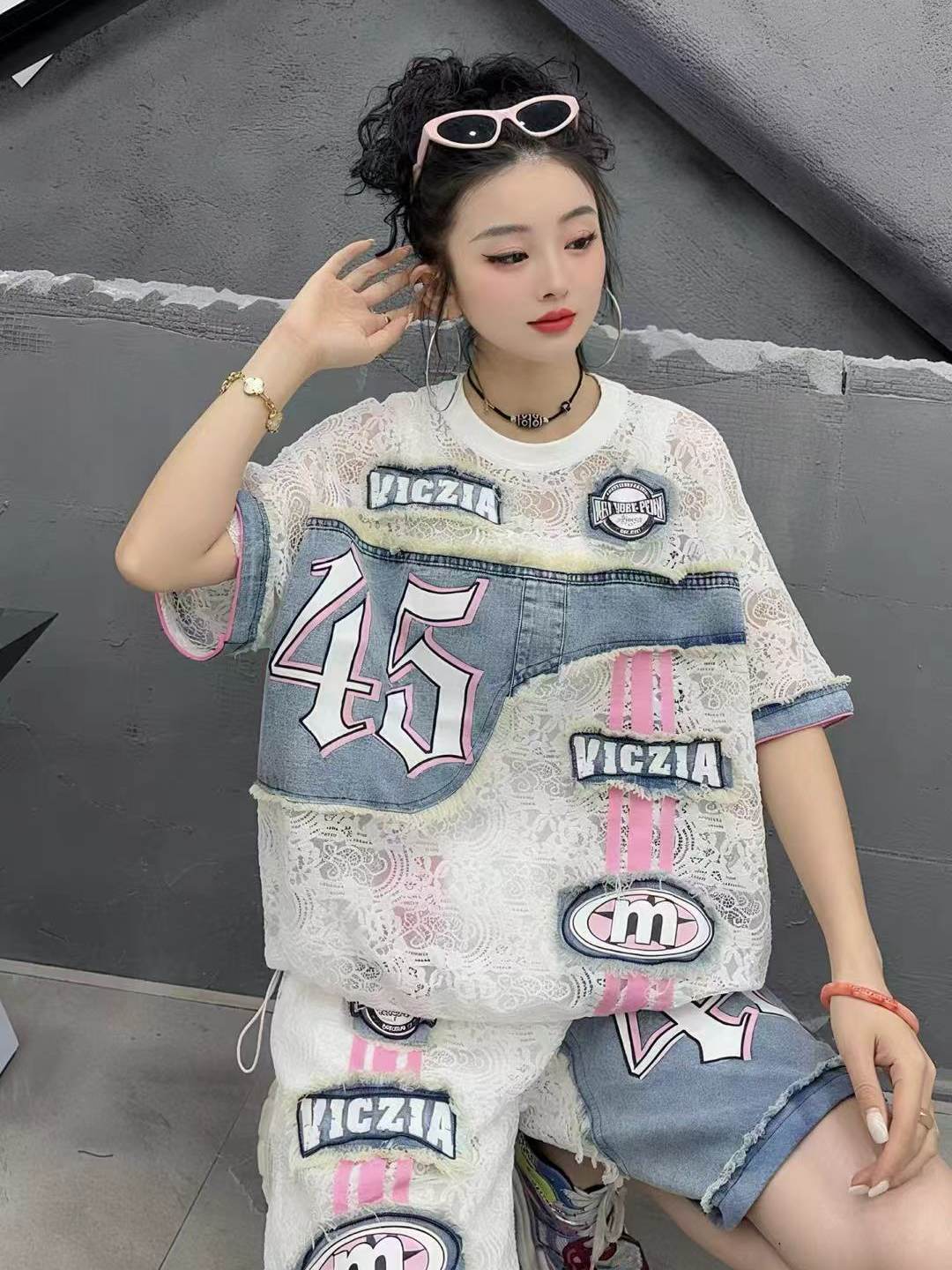 여성 캐주얼 데님 룩 탑 45 넘버 레터 프린트 레이스 - Summer Clothing Looks 리뷰 및 가격