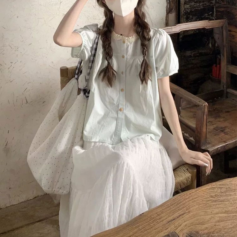 유행 레이스 스플 라이스 셔츠 여름 달콤한 퍼프 슬리브 - Summer Clothing In French 리뷰 및 가격
