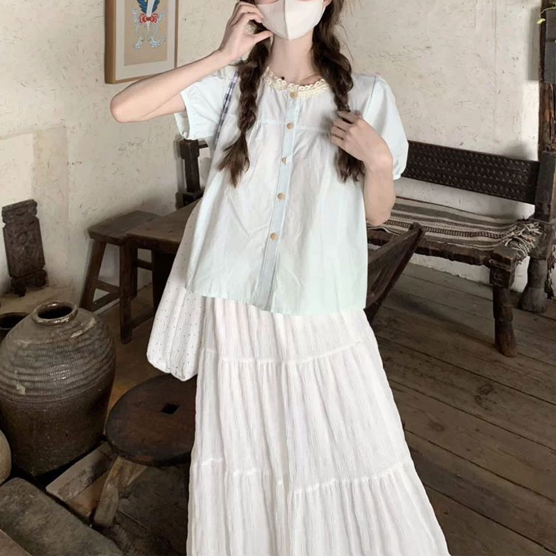 유행 레이스 스플 라이스 셔츠 여름 달콤한 퍼프 슬리브 - Summer Clothing In French 리뷰 및 가격